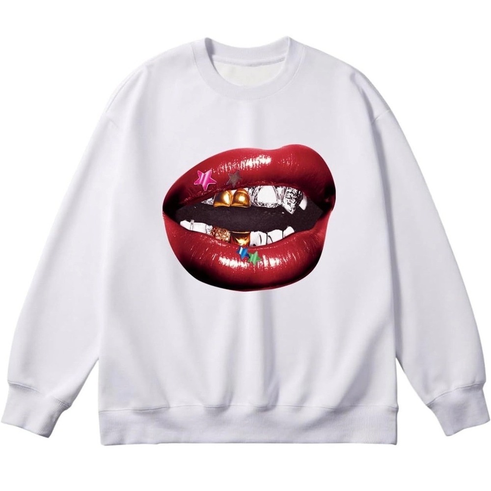 Verdusa Womens Graphic Pullover Sweatshirt White Hip Hop Lips Grillz Large